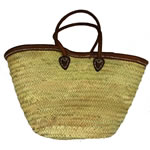 leather trim long handled french straw basket